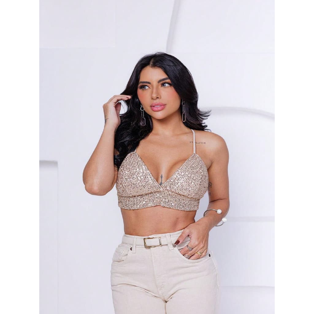 Cropped Feminino Com Bojo De Alcinha Paetê Tendência Brilhos