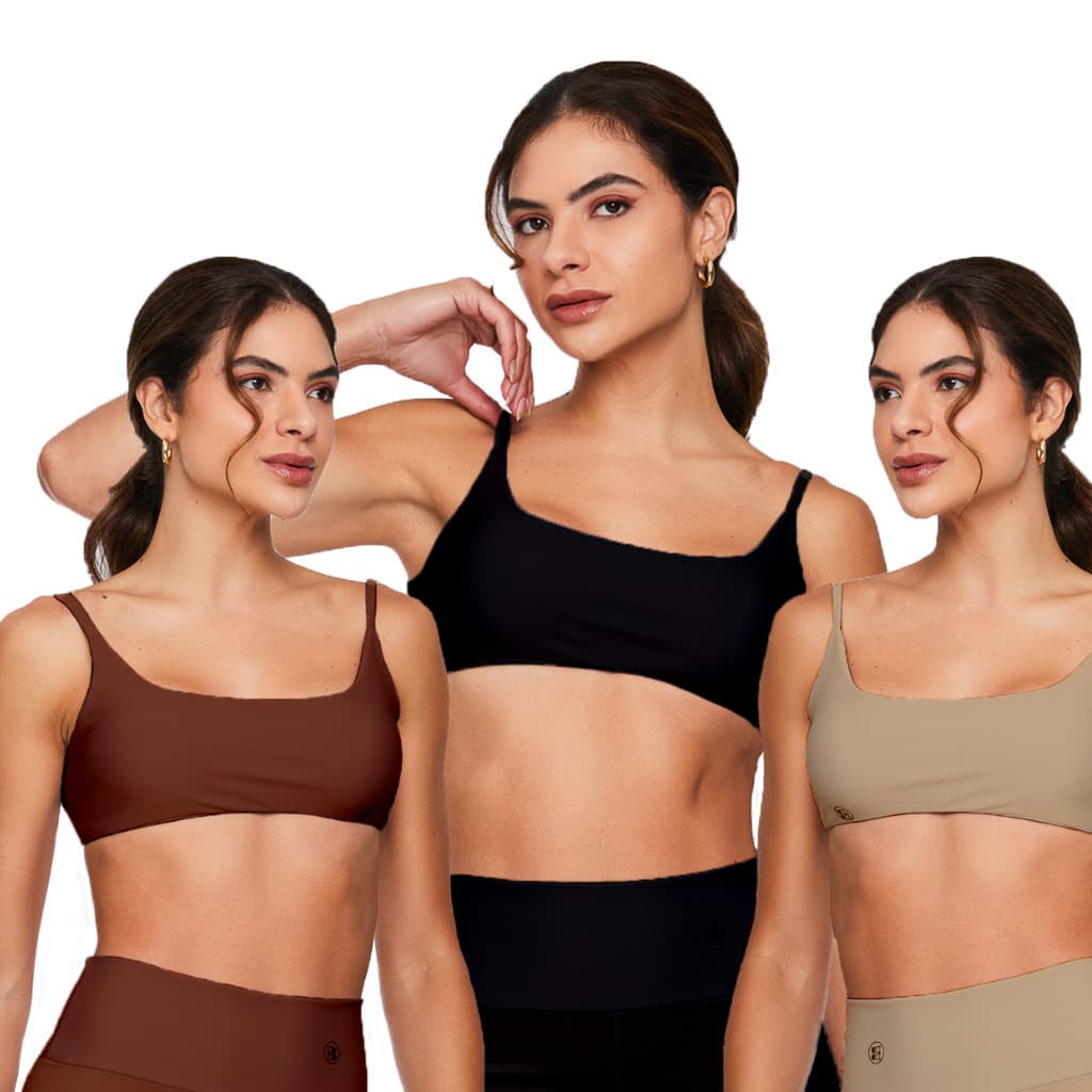 Kit 3 Tops Faixa Preto/Bege/Marrom Feminino Treino Costas Nuas Academia Bojo Removível Alça Finas