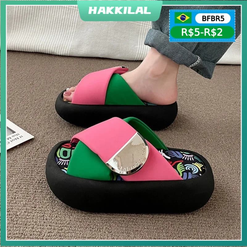 Moda Esponja Bolo Fundo Grosso Chinelos Femininos Sandálias Sapatos Para Praia Ao Ar Livre Wear Verão 2025 Novo Estilo N