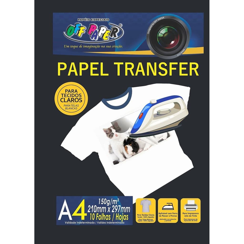 Papel Transfer para Tecidos Claros 150g A4 com 10 Folhas Camiseta Algodão Estampa Off Paper