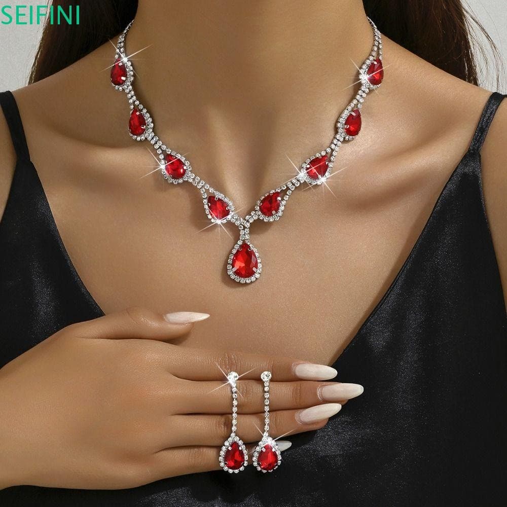 Conjunto De Joias De Strass SEIFINI , Brincos De Cristal Requintados , Banquete De Colar Vermelho Com Gota De Água Brilh