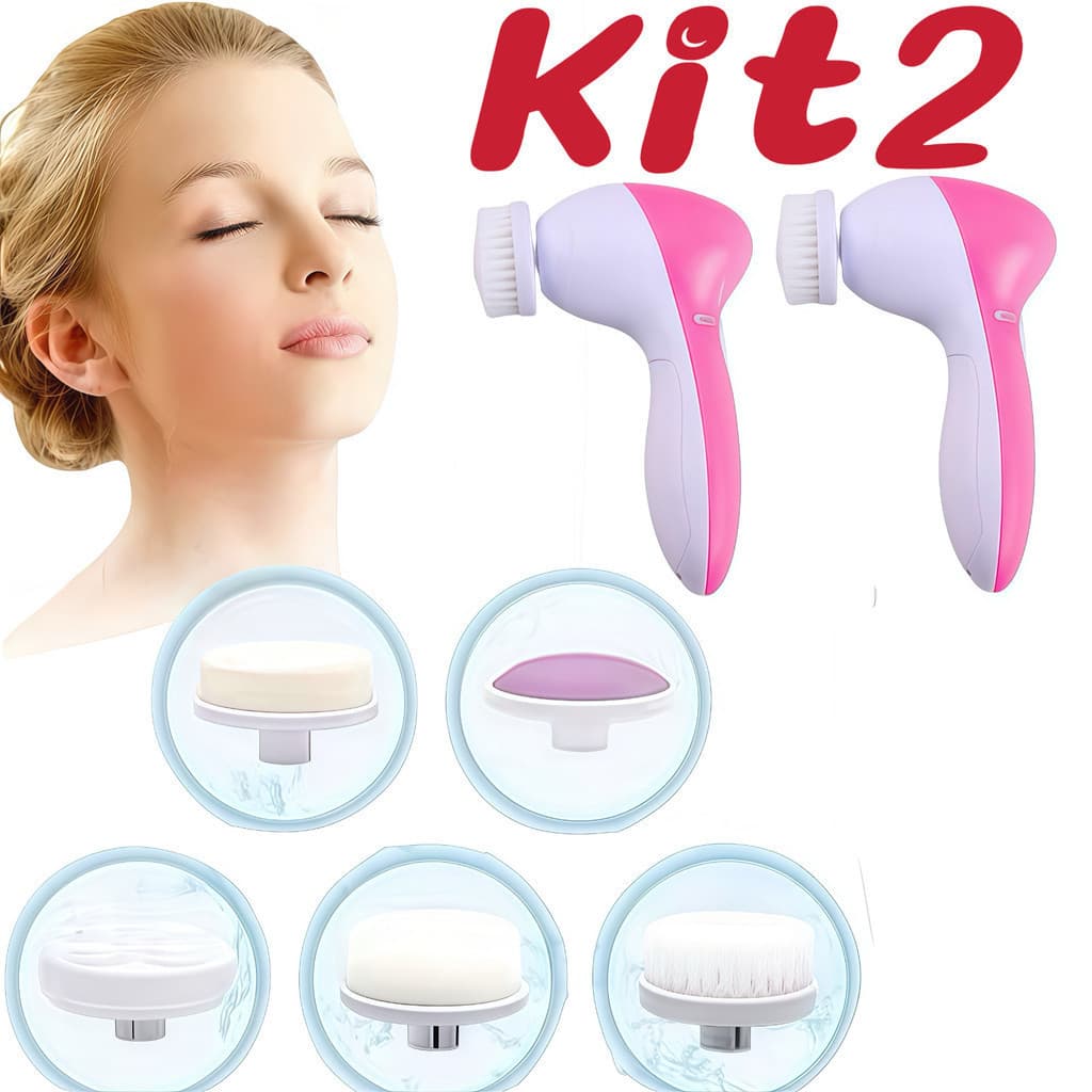 Kit 2 Escovas Elétricas Limpeza Facial Massageadora Esfoliante 5 Em 1 Removedor De Maquiagem Cuidados