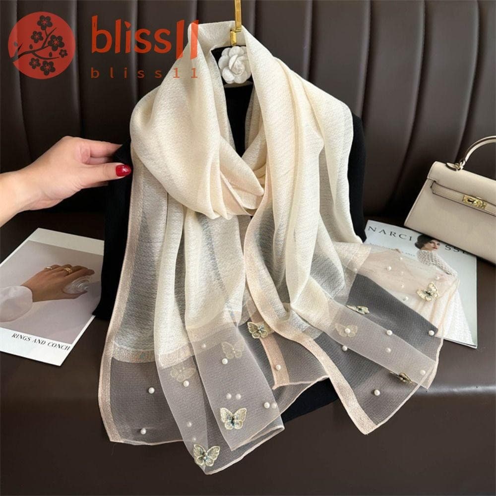 BLISS11 Lenço De Seda , Grande E Fino Bordado De Borboleta , Foulard De Luxo Pérola Feminino Hijab Xales Senhora