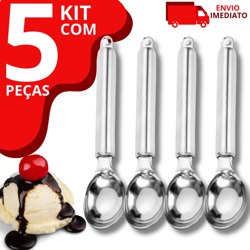 Kit 05 Colher Pegador De Sorvete E Açaí Concha Em Aço Inox 20,5cm Reforçada