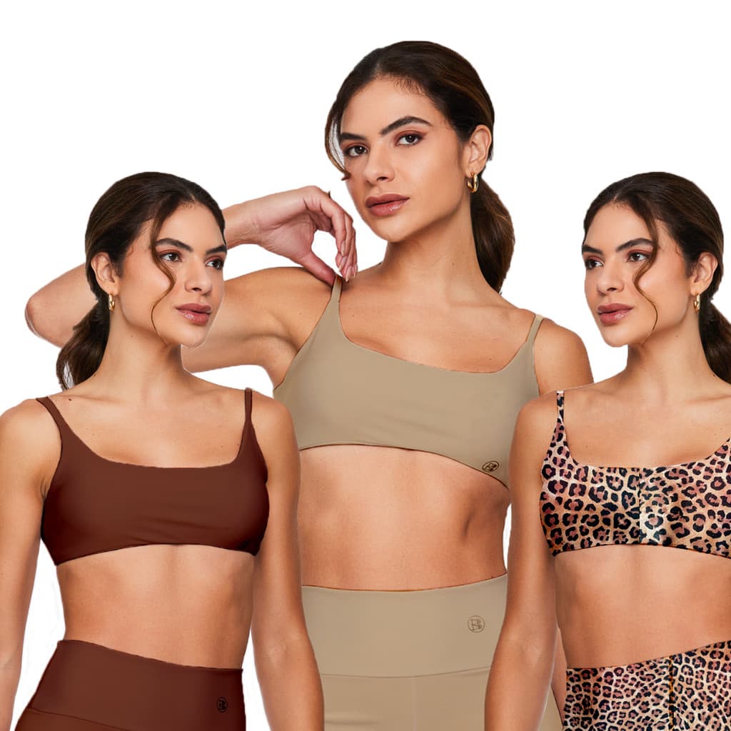 Kit 3 Tops Faixa Bege/Marrom/Onça Feminino Academia Treino Costas Nuas Aberta Bojo Removível Yoga