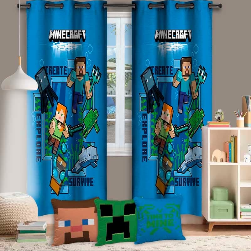 Cobre Leito e Cortina Avulsa ou Kit Decoração Game Craft Para Quarto – Quadrados, Cubos e Minerar
