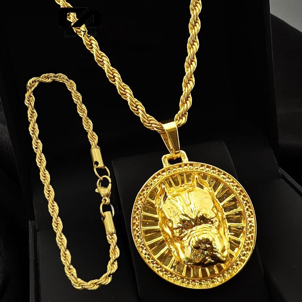 Conjunto Colar Pulseira de Corrente Masculina em Aço Pingente de Cachorro Pitbull Alta Durabilidade