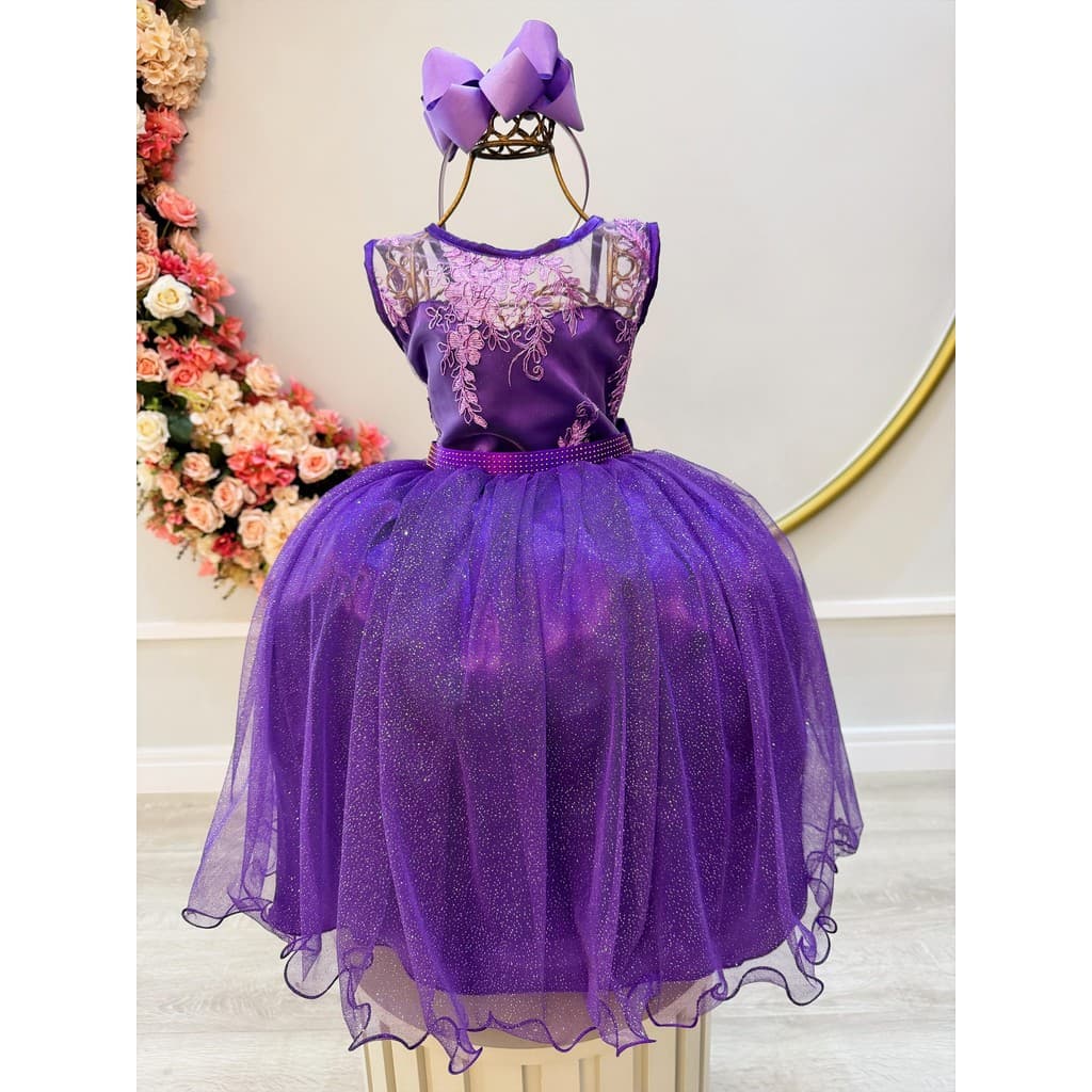 Vestido Infantil Roxo Renda Metalizada Tule C/ Brilho Damas