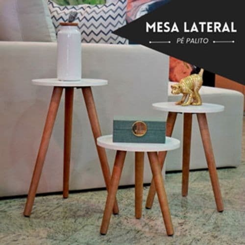 Trio de Mesa Lateral Redondas Kit para Sala Pé Palito Retro
