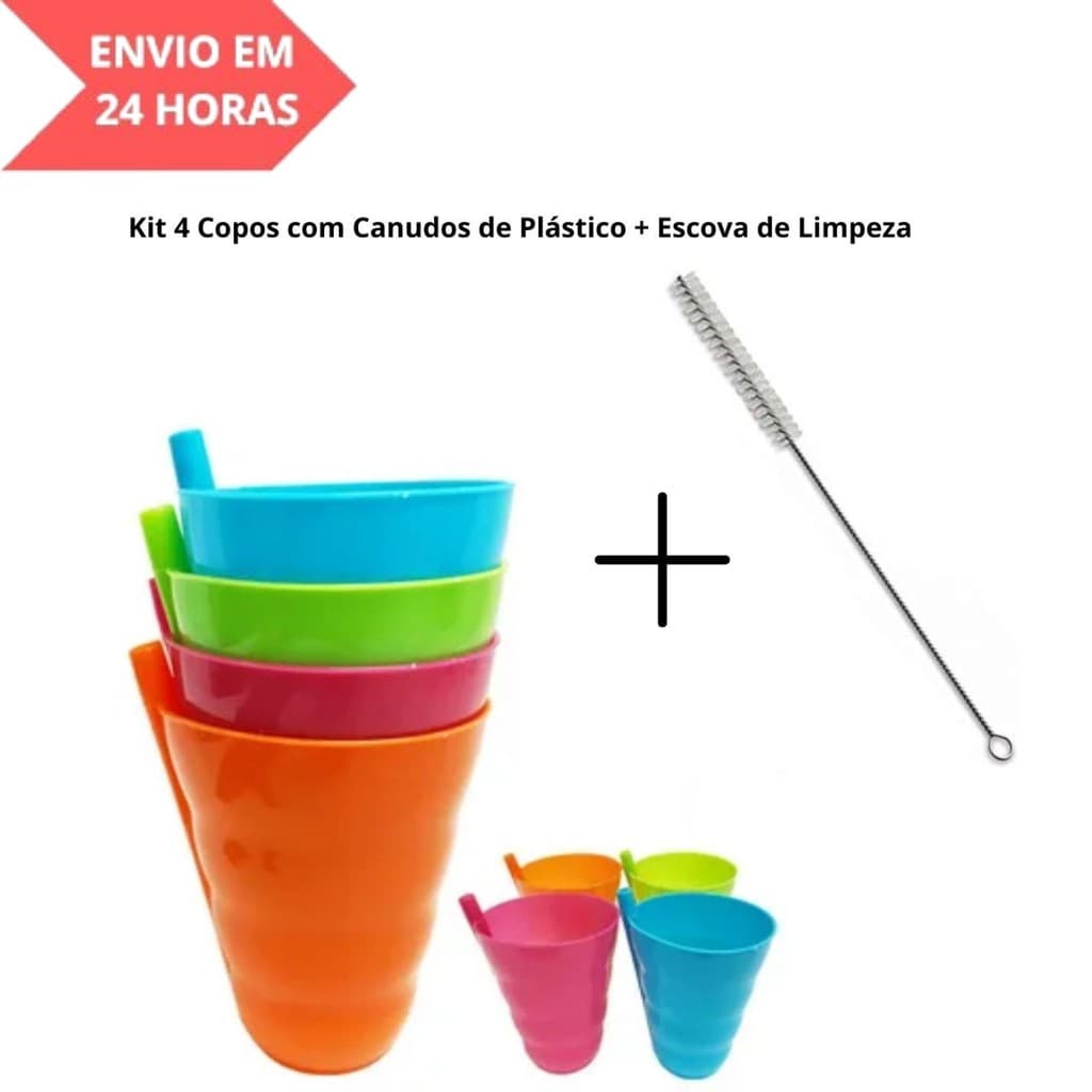 Kit 4 Copos com Canudos de Plástico + Escova de Limpeza