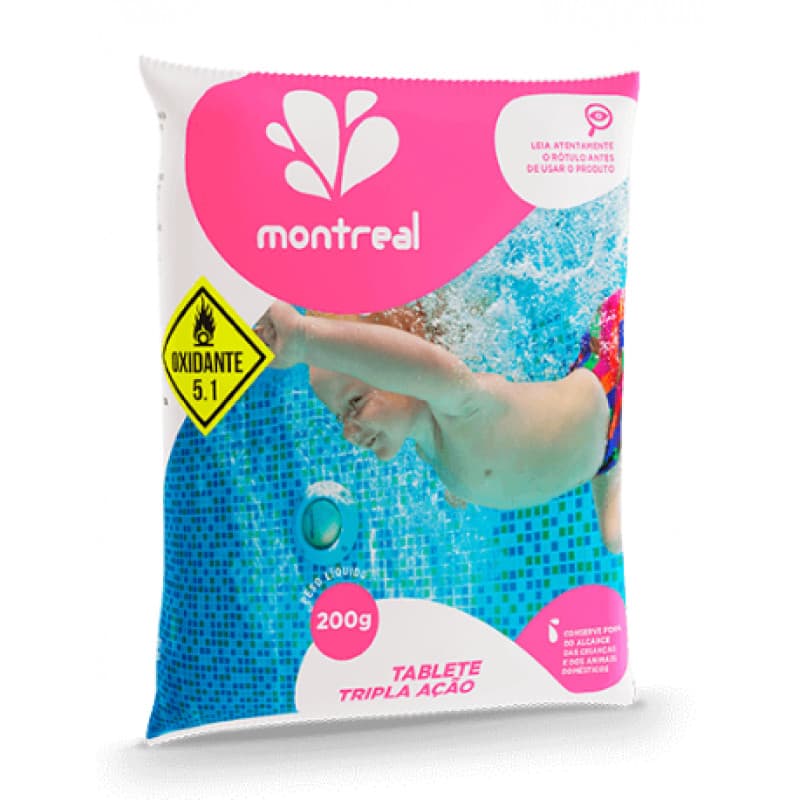 TABLETE TRIPLA AÇÃO - ACIDO TRICLOROISOCIANURICO SECO - MONTREAL - 200G SACO