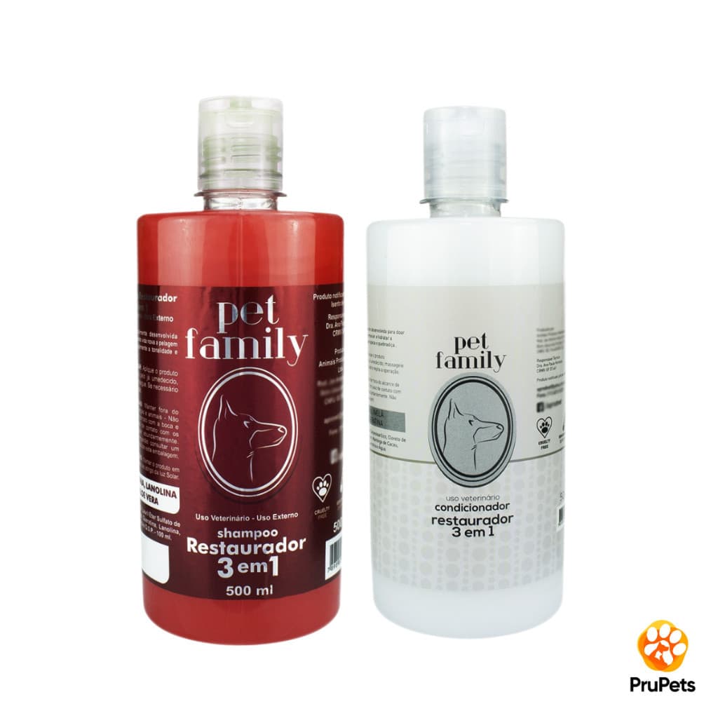 Kit Shampoo Pet Restaurador 3 Em 1 + Condicionador Restaurador 3 Em 1 Pet Family 500 Ml