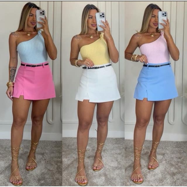 Short Saia Feminino Alfaiataria Social Fenda lateral com Cinto Tendência Candy Color