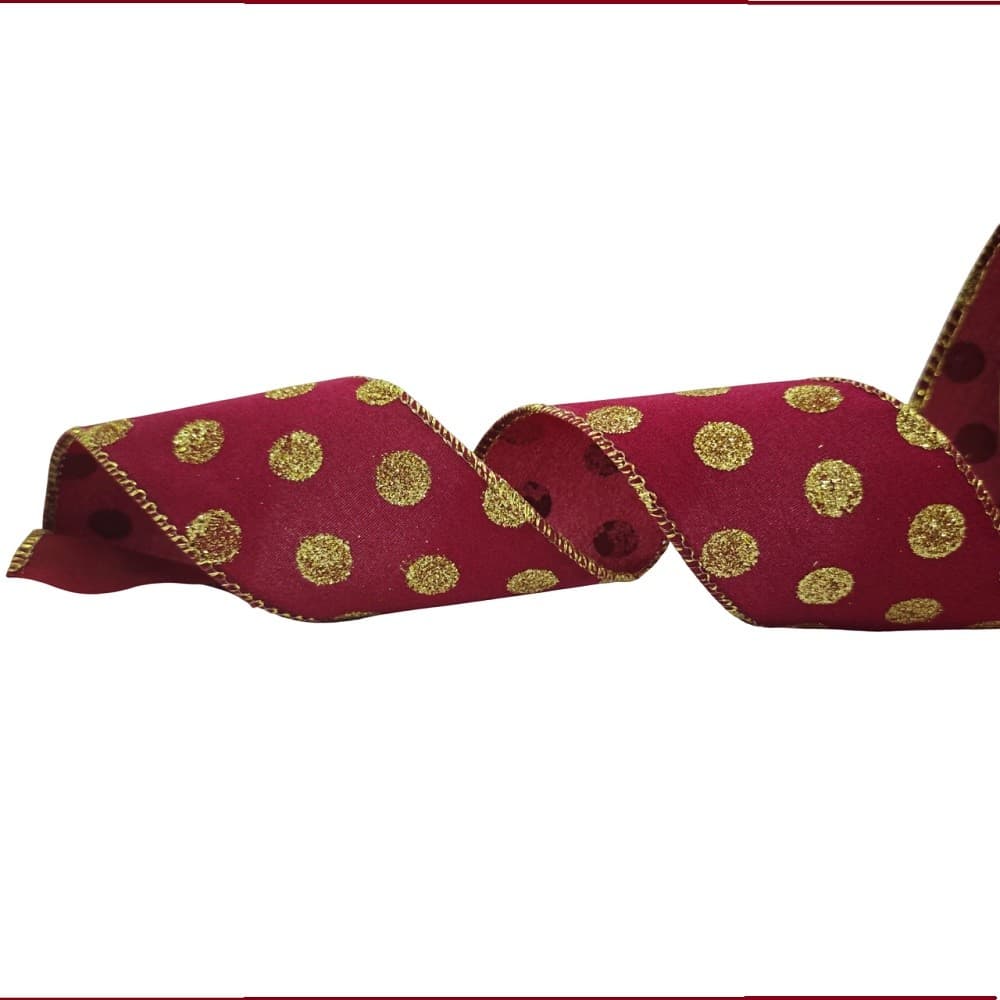 FITA ARAMADA VINHO BOLINHA DOURADA OURO 5 METRO 63MM NATAL DECORAÇÃO PRESENTE ÁRVORE