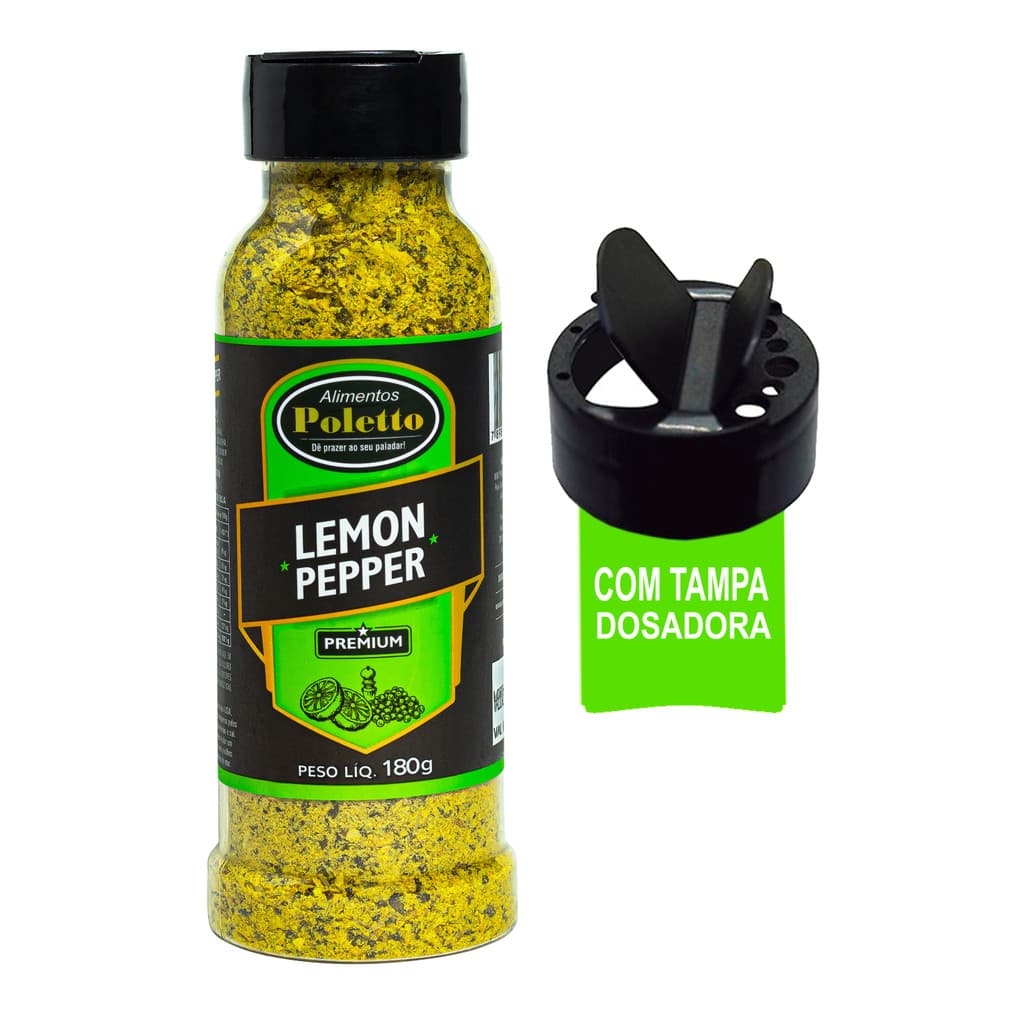 Lemon Pepper 180g Poletto Ideal p/ Aves, Peixes c/ Tampa Dosadora