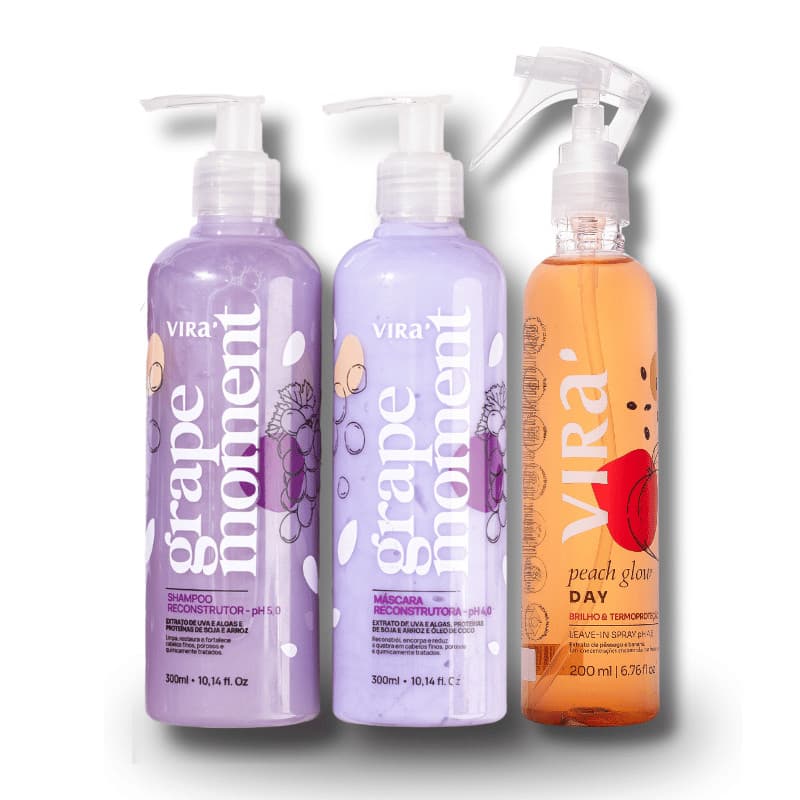 Kit Glow Grape Reconstrução Capilar Shampoo + Máscara + Leave-in com Uva, Óleos Naturais e Proteínas