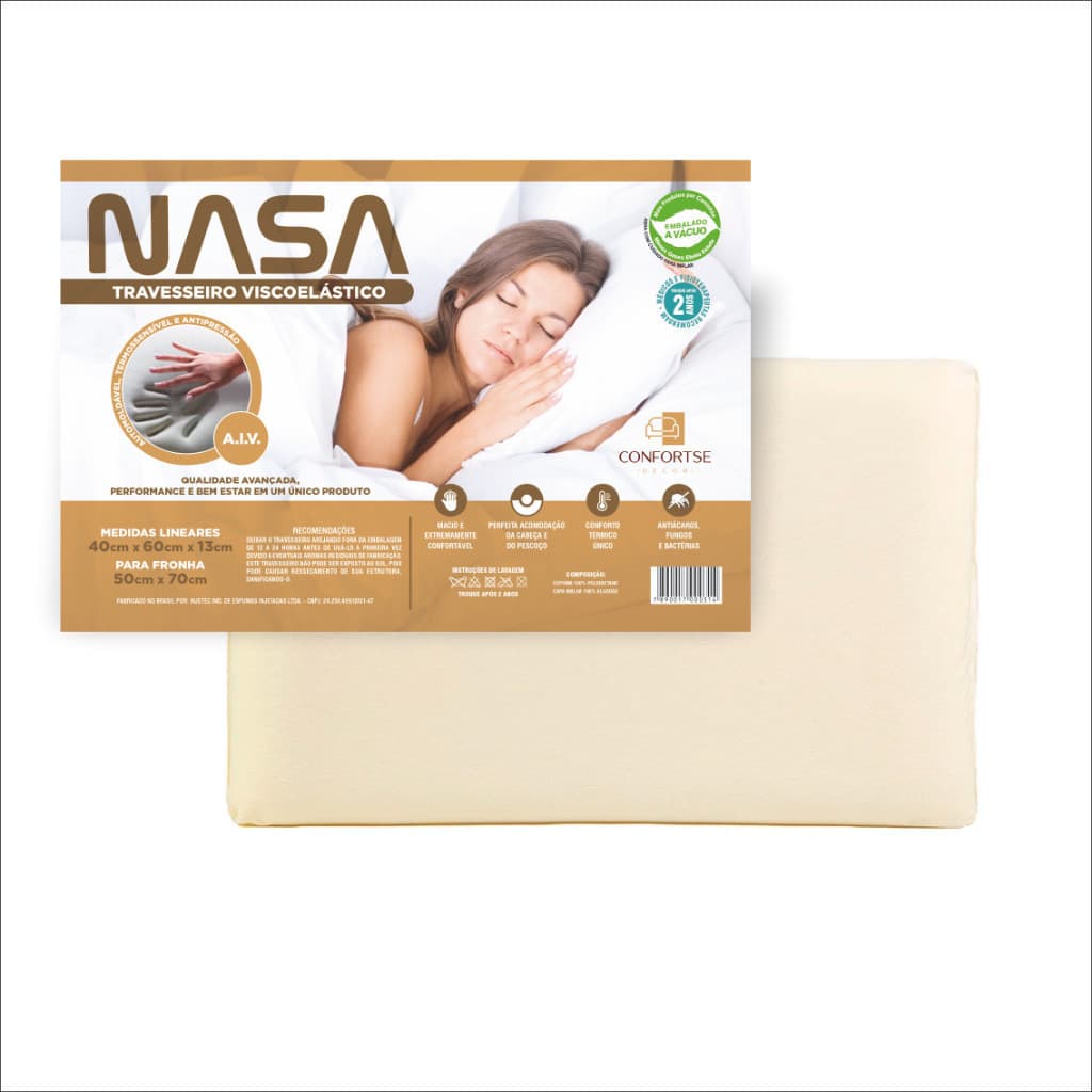 Travesseiro Nasa X Injetec Confortse Confortável Malha 100% Algodão Anti-Acaro 13cm Oferta