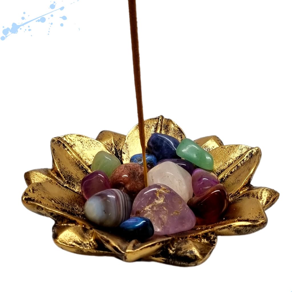Incensário Vareta e Porta Cristais Flor de Lotus - Ouro