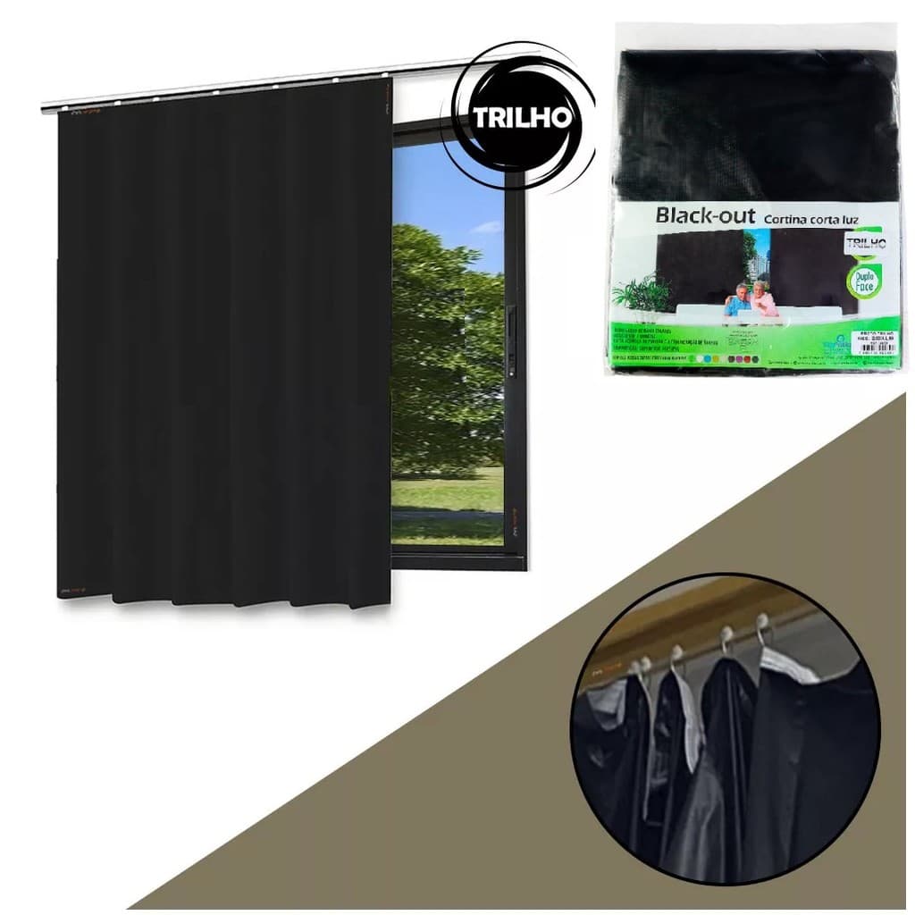 Cortina Blackout Preto Sala Quarto para Trilho com 280x220cm