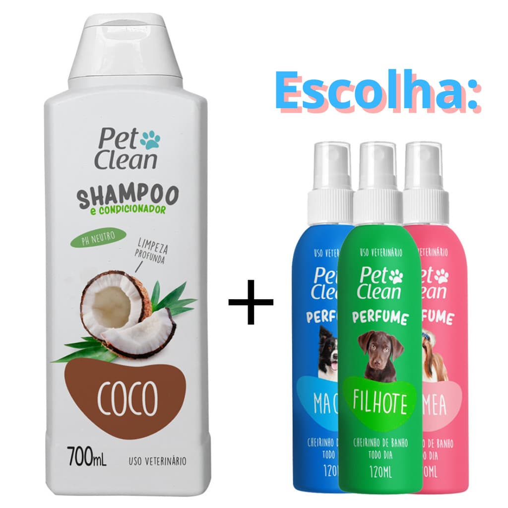 Shampoo e Condicinador Coco + 1 Perfume 120ml para Cães e Gatos Pet Clean KIT