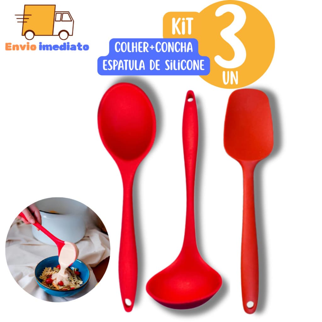 Kit Cozinha de Silicone 3 Un Colher Espátula e Concha de Silicone até 230º Graus não Risca Panelas