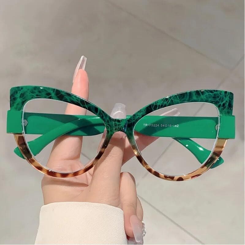 Óculos De Olho De Gato Grande , Estilolis , Bloqueio De Cor , Vidro Verde , Chique , Estampa De Leopardo , Moda , Linha