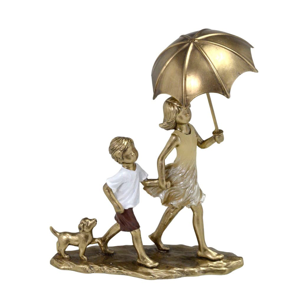 Escultura Estatueta Estátua Irmãos Menina Guarda Chuva Menino Com Pet Cachorro Resina Casa Sala Quarto Escritório Mesa