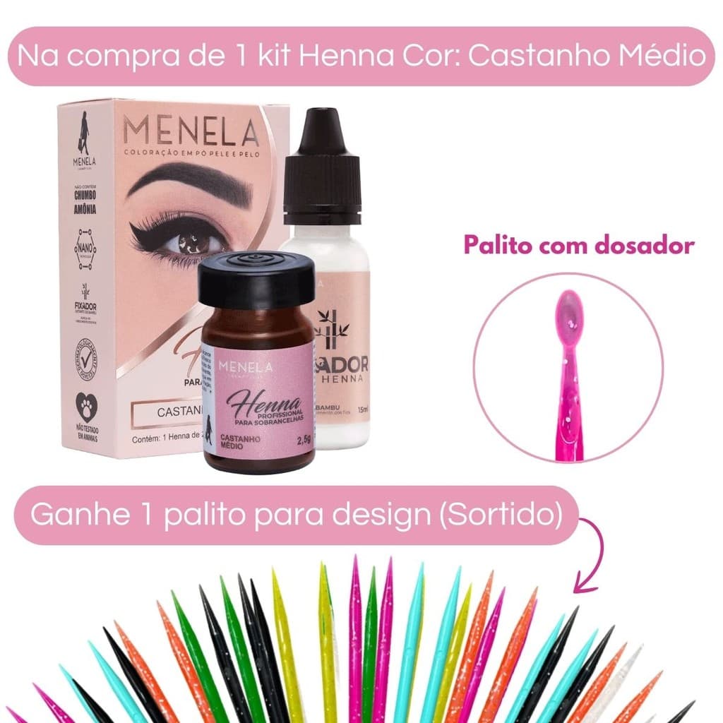 Kit Henna Castanho Médio Menela + Palito Para Design De Sobrancelhas (Sortido)