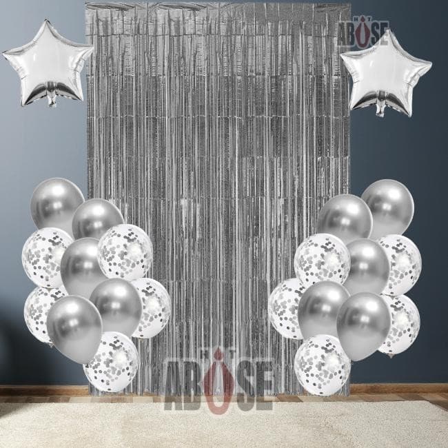 Kit Festa Completo Decoração Painel com Balões Prata Bexigas Prateado 22 Balão + Cortina Metalizada