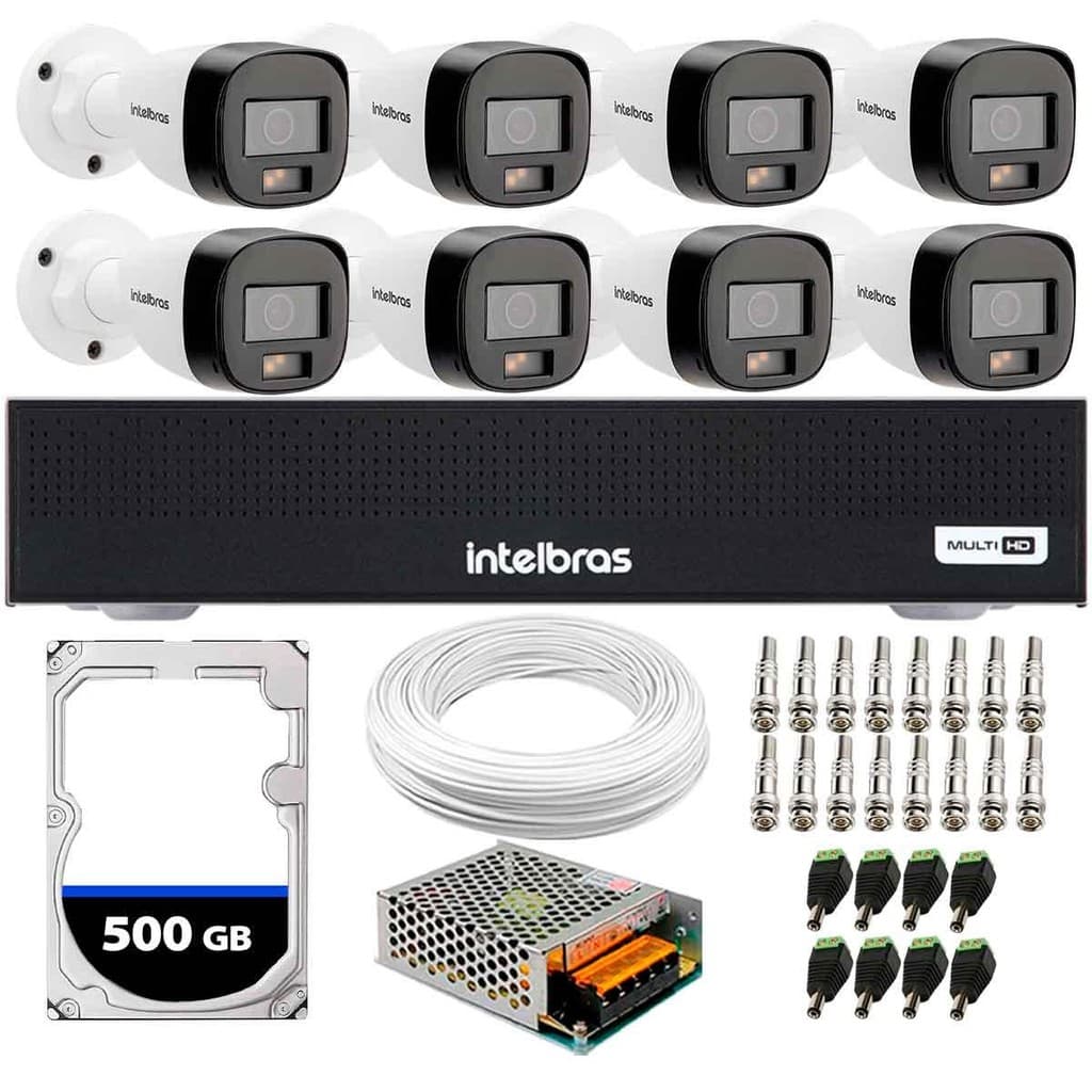 Kit 8 Câmeras Intelbras VHD 1220 B G7 Full Color Bullet Full HD Multi HD IR 20m + DVR Intelbras MHDX 3008-C HD 500GB