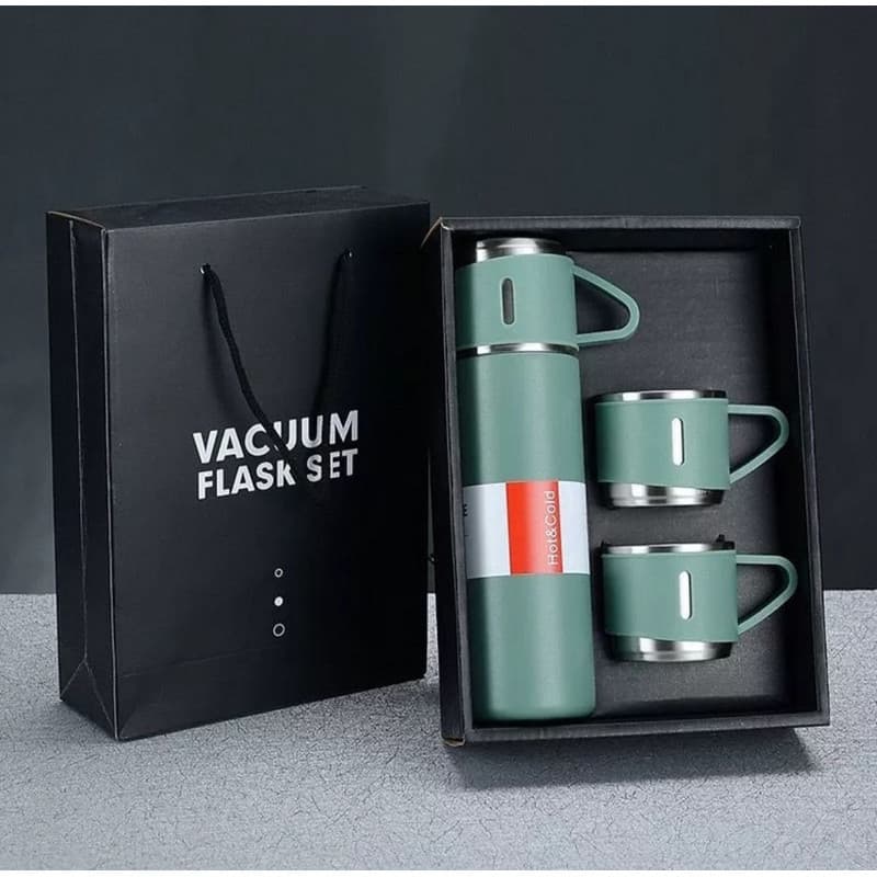 Kit Garrafa Térmica Inox 500ml Com 3 Xícaras Camping Viagem Café (Preta)