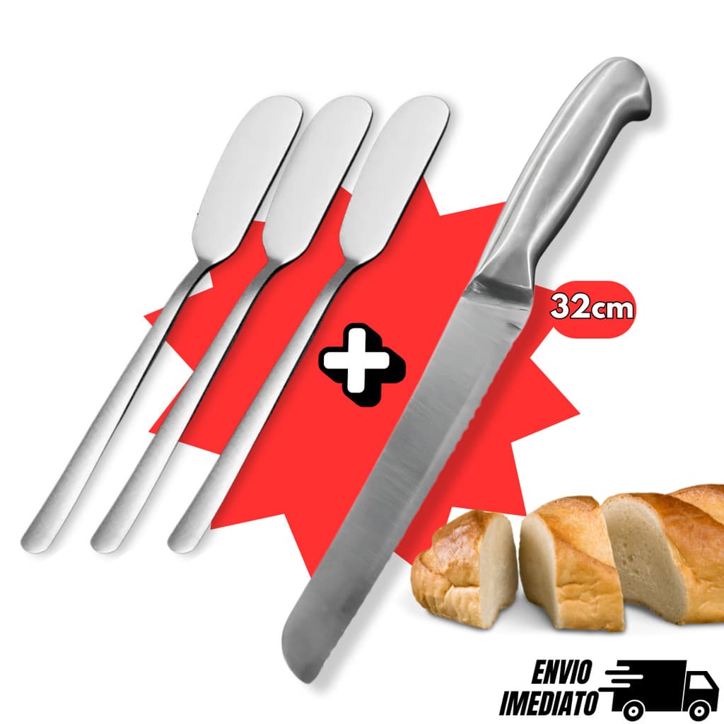 Faca Pão Inteiriça Serrilhada + 3 Espatulas de Manteiga Kit Lanches Manteiga Frios