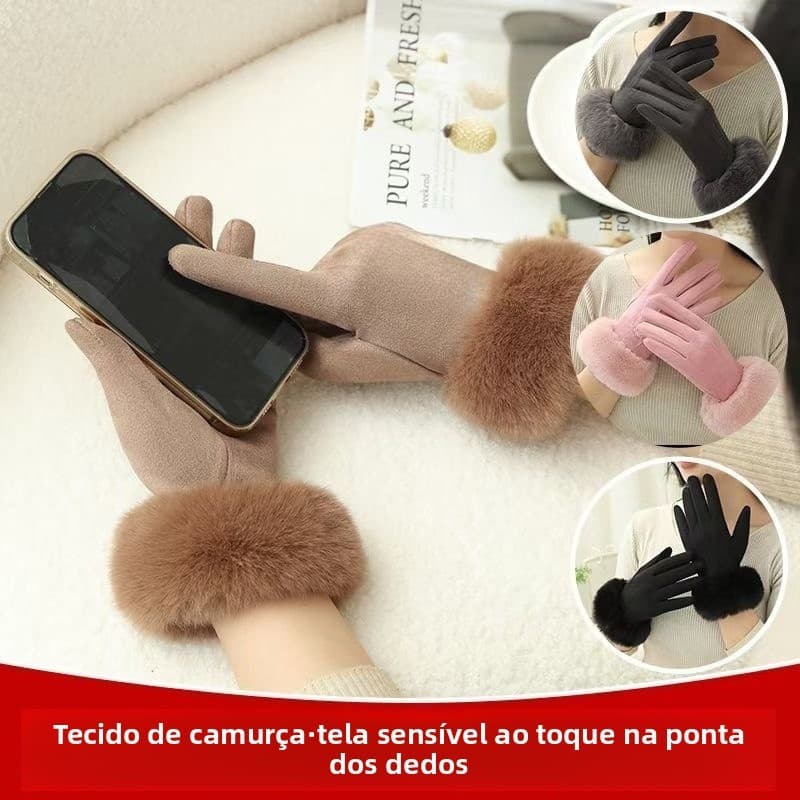 Luvas De Inverno Femininas  Quentes Com Tela Sensível Ao Toque De Pele De Coelho Condução De Veludo Grosso