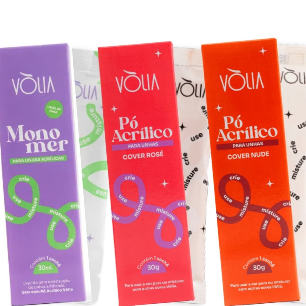 Kit Acrílico Volia Sache Monomer Cover Nude Rose Kit com 3 Completo Unhas em Acrílico Profissional