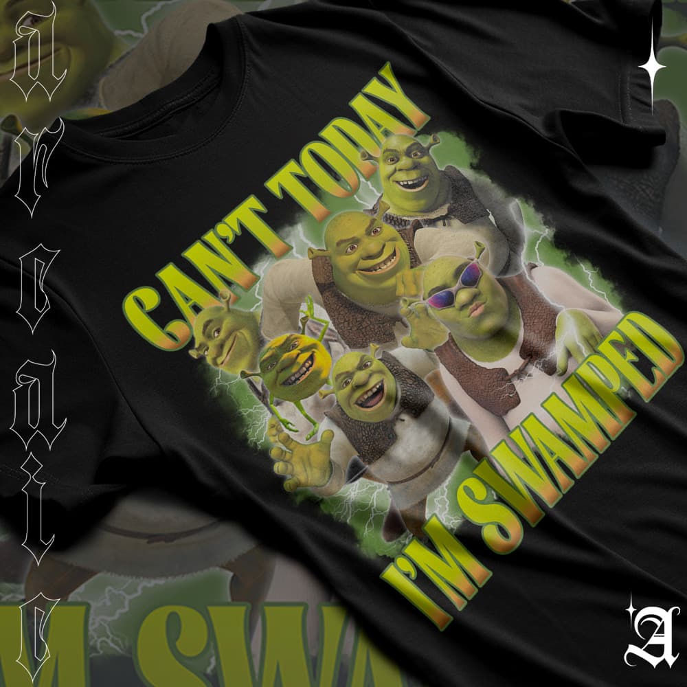 Camiseta Basica Algodao Filme Shrek Meme Não posso hoje Estou Inundado Can't Today I'm Swamped Cartoon Unissex