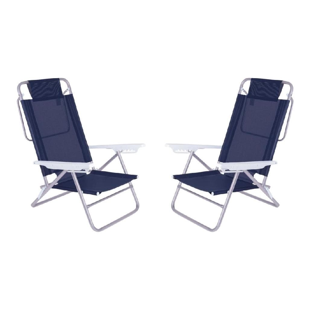 Kit 2 Cadeira de Praia Summer Reclinavel 6 Posições Aluminio Suporta Até 120Kg Apoio de Braço Mor