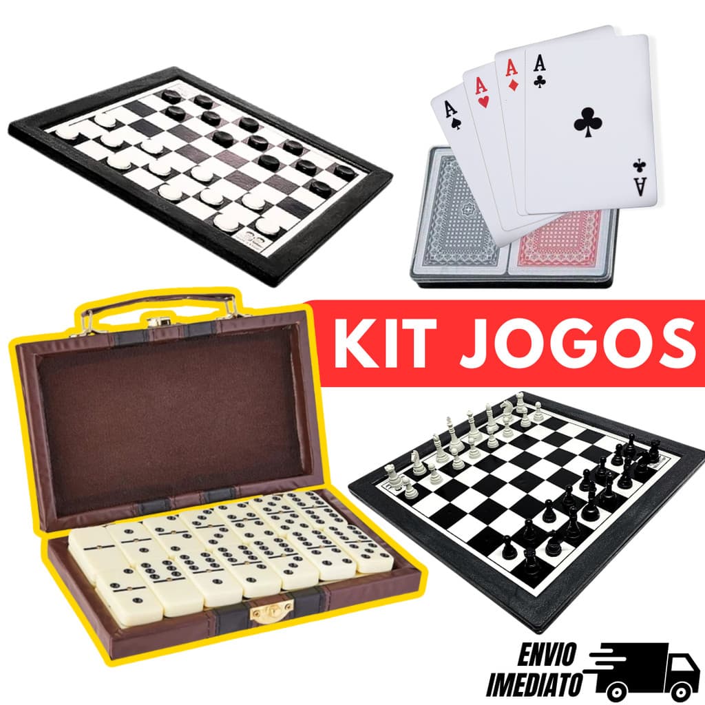Kit Jogos Xadrez Dominó Maleta Dama Baralho duplo Trilha Tabuleiro Criança Divertido