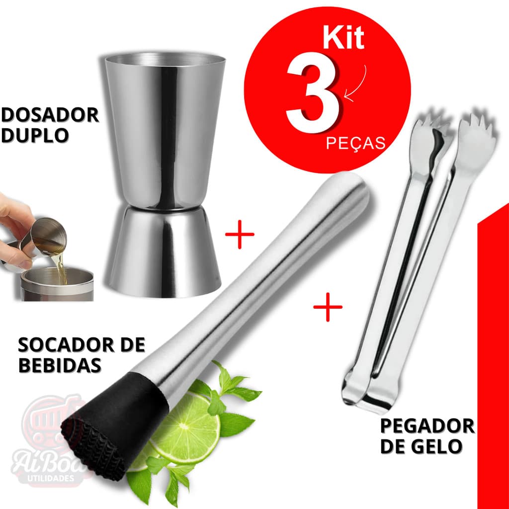 Kit Bar Inox Completo – Dosador Duplo Socador de Bebidas Pegador de Gelo | Drinks Caipirinha Perfeitos em Casa