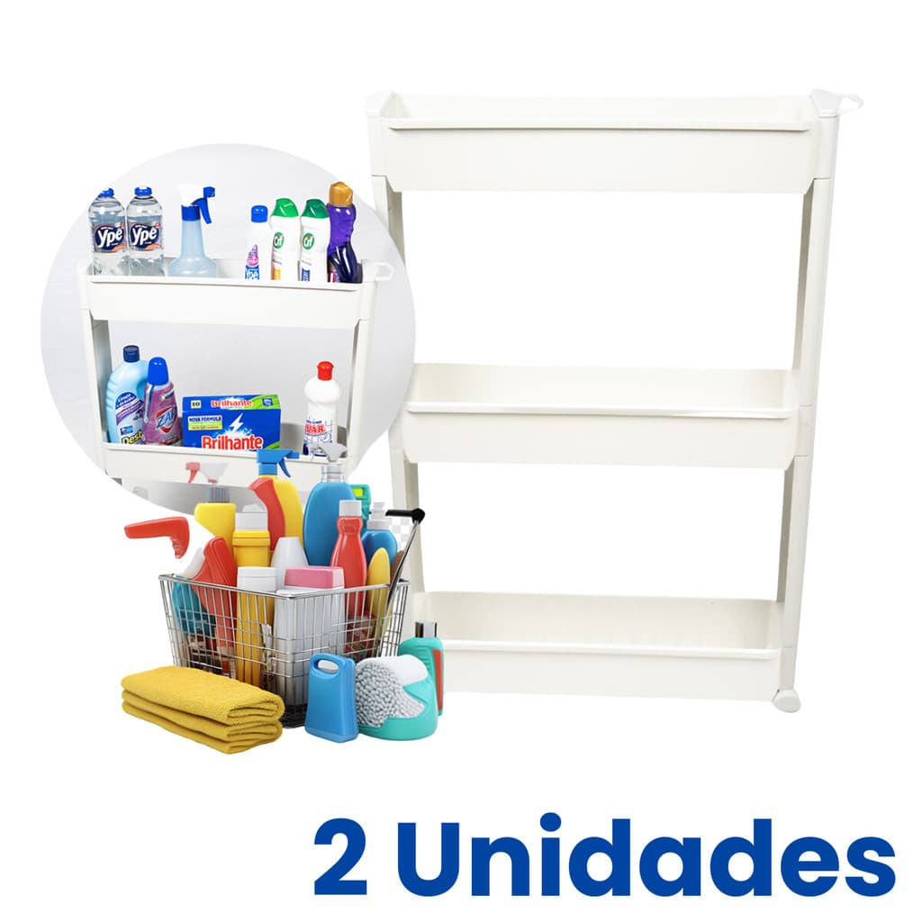 Jogo 2 Prateleiras Multiuso Com Rodízio Com 3 Andares Cozinha Lavanderia Quarto Banheiro