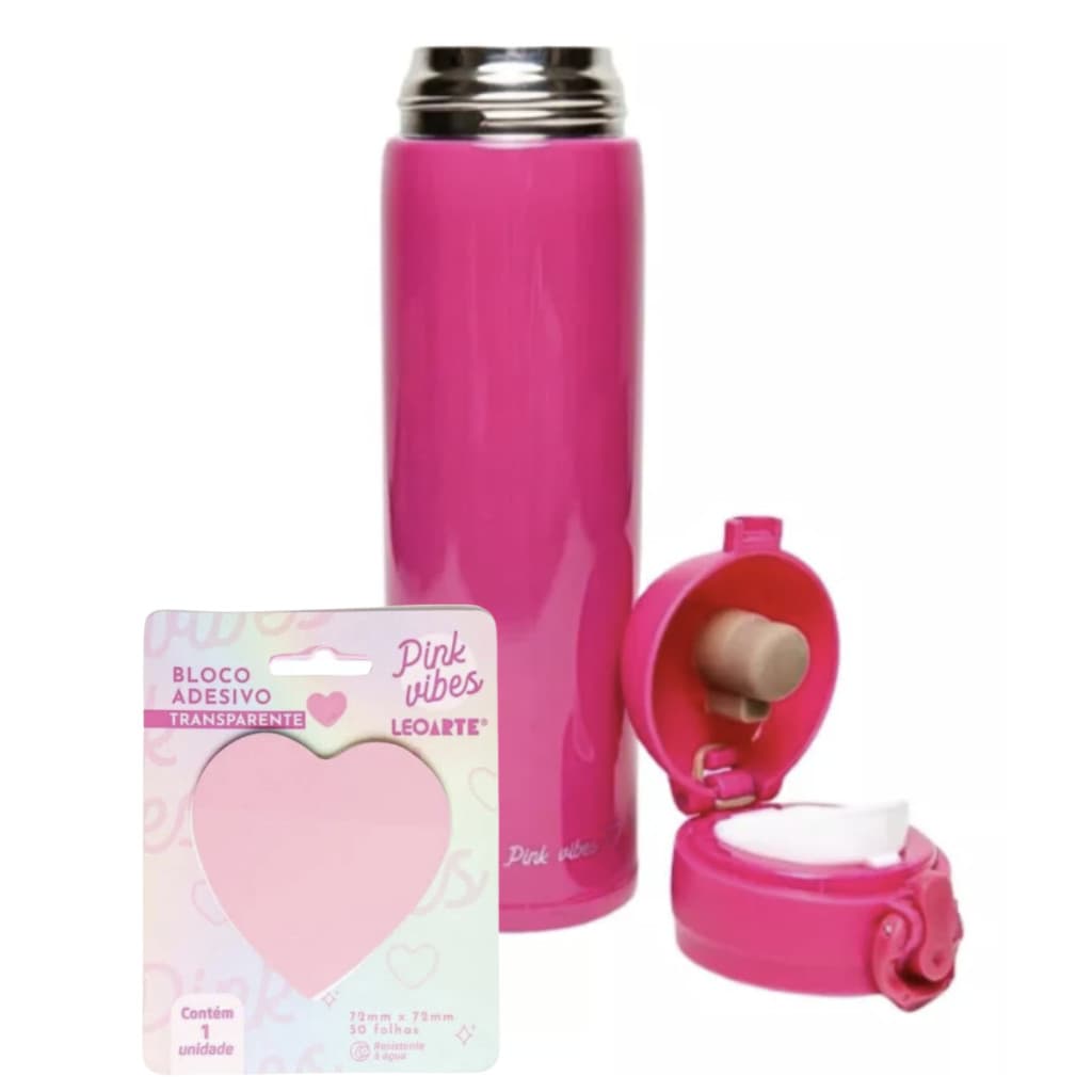 Kit Pink Vibes Garrafa Térmica 340ml + Bloco Adesivo Coração