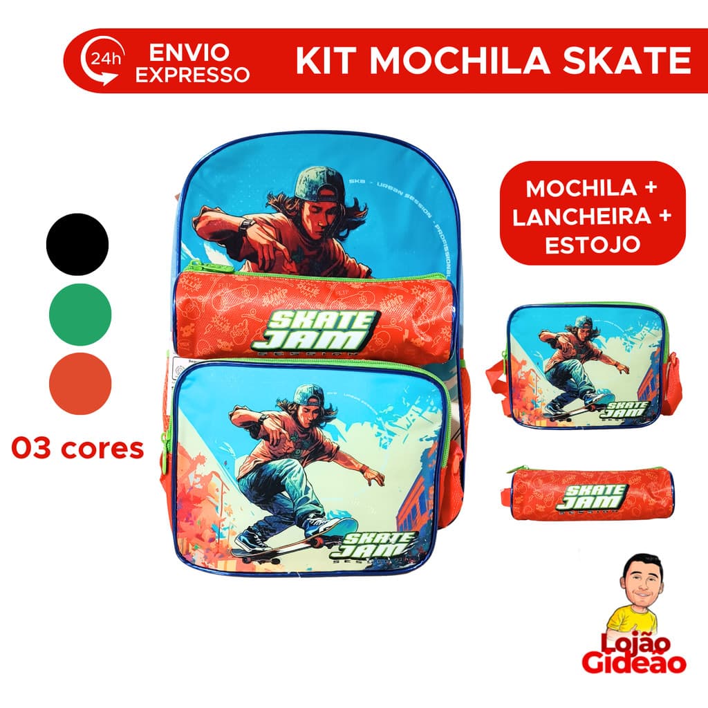 Kit Mochila Com Lancheira E Estojo De Costa Skate Mochila Infantil Escolar Com Alça Para Menino