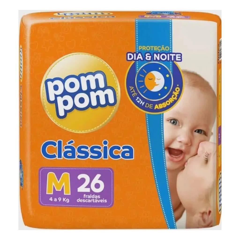 Fralda Pom Pom Clássica Jumbo Tamanho M - Pacote com 26 Unidades