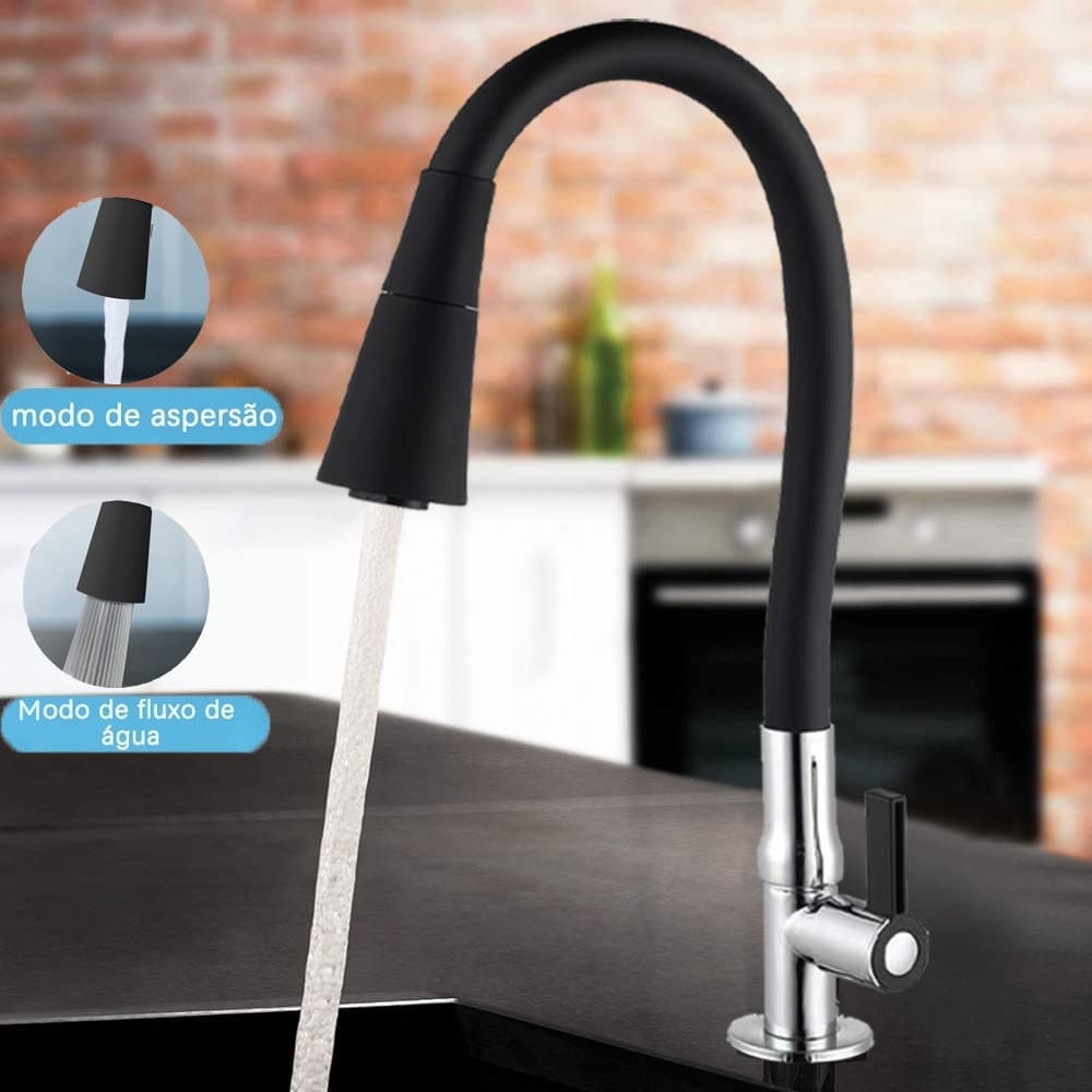 Torneira Para Cozinha Bancada Flexível Tubo Preto 2 Jatos