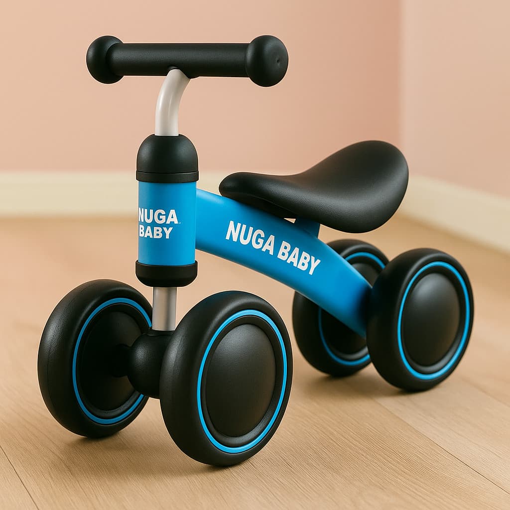 Bicicleta de Equilíbrio Infantil Nuga Baby 4 Rodas Azul – Sem Pedal, Leve e Segura para Primeiros Passos