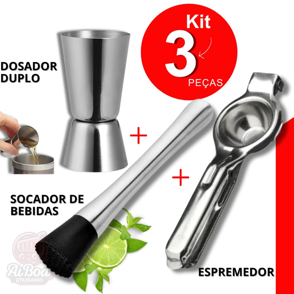 Kit Bar Inox - Dosador, Socador de Bebidas, Espremedor de Limão para Drinks e Coquetéis