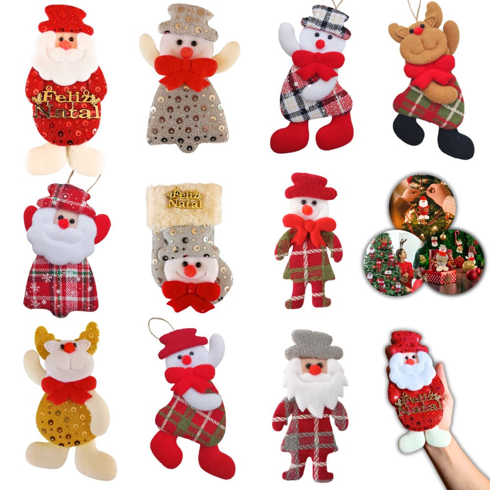 KIT COM 10 Pendentes Papai Noel Pelúcia Enfeite Arvore Natal Grande 16cm Favorito
