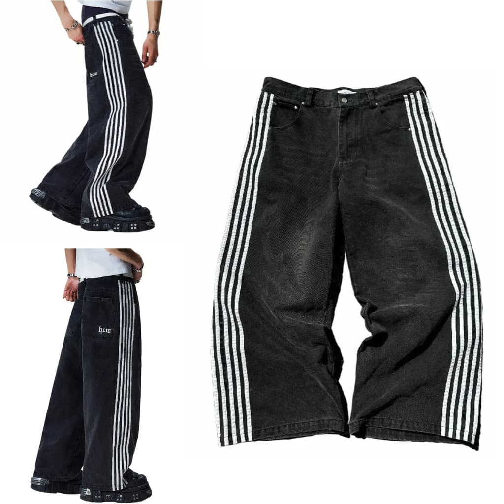Calças De Brim Largas Harajuku Goth Y2k Jeans Para Homens Preto Listrado Novo Hip Hop Bordado Perna Larga High Street St