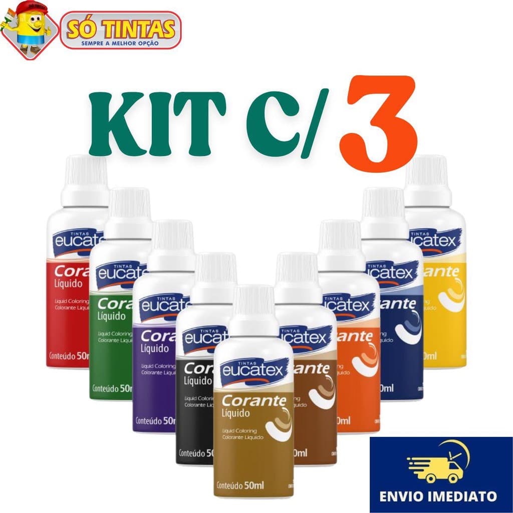 Kit com 3 Corantes Líquido Eucatex 50ml Cores Vibrantes Alto Rendimento