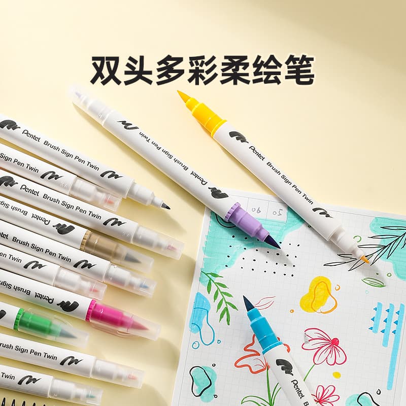 Caneta Pentel SESW30C de Ponta Dupla - Pincel Macio Elástico + Ponta Fina, Disponível em Cores Aquarela/Fineliner, Cores