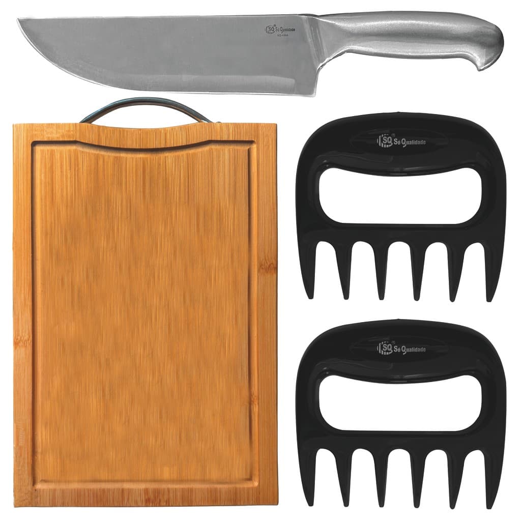 Kit de Churrasco Faca Linha Texas 8 Polegadas Garra de Urso Desfiador Tábua Bambu